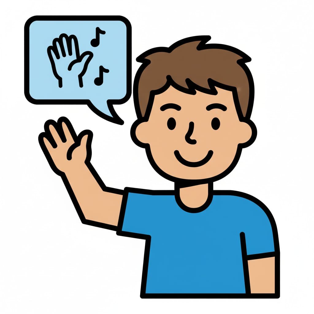 En tecknad pojke vinkar med en pratbubbla som visar en vinkande hand och musiknoter, vilket indikerar att han säger hejdå.