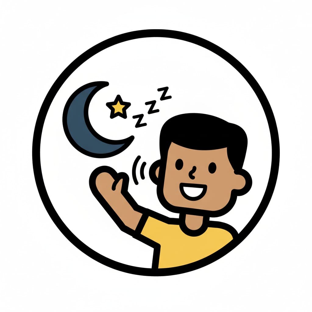 Ikoni, jossa henkilö vilkuttaa ja jossa on kuu, tähti ja 'zzz'-symbolit, tarkoittaen hyvää yötä.