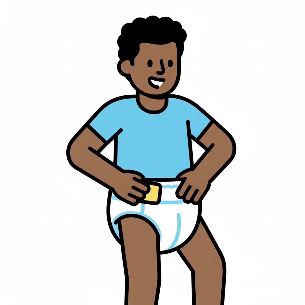 A happy boy wearing a closed diaper and a t-shirt.