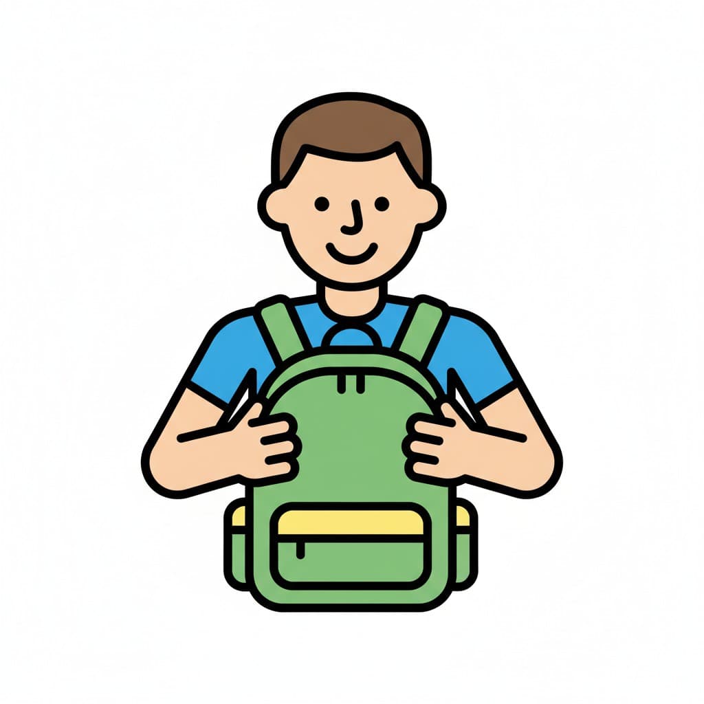 A boy wears a green backpack on his shoulders, holding the straps.