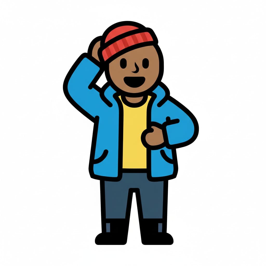 En pojke klär på sig en röd mössa och en blå jacka.