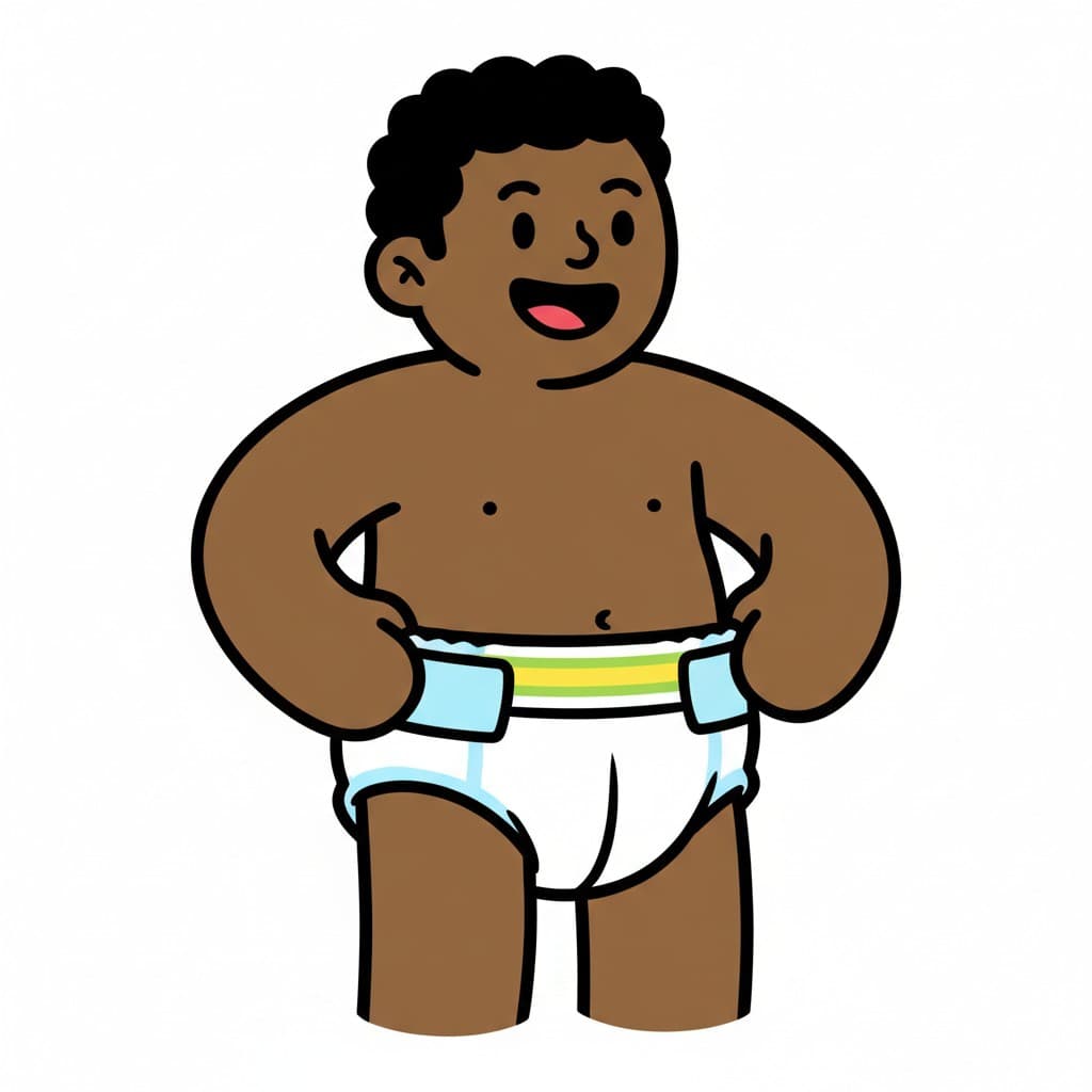 A happy boy with an open diaper.