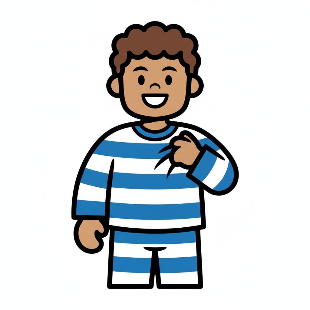 A smiling boy with short curly hair wearing blue and white striped pajamas. He holds his hand to his chest.