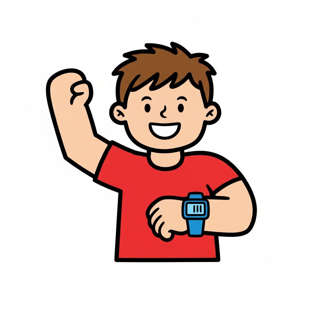Ein lächelnder Junge mit kurzen Haaren und einem roten T-Shirt zeigt eine blaue Digitaluhr an seinem linken Handgelenk. Sein rechter Arm ist mit geballter Faust angewinkelt.