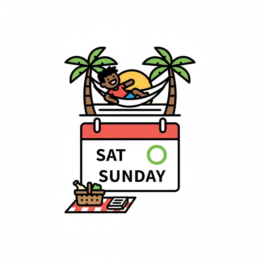 Eine Illustration eines Jungen, der in einer Hängematte zwischen zwei Palmen entspannt. Darunter befindet sich eine Kalenderseite mit 'SAT' und 'SUNDAY' mit einem grünen Kreis und einem Picknickkorb auf einer rot-weiß karierten Decke.