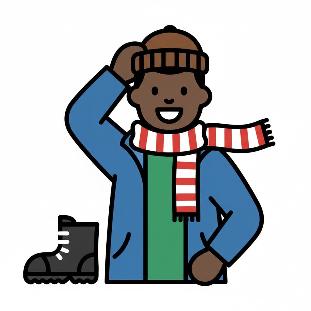 En glad pojke klädd i vinterkläder, inklusive en blå jacka, grön tröja, röd-vit randig halsduk och brun mössa. Bredvid honom står en svart vinterkänga.