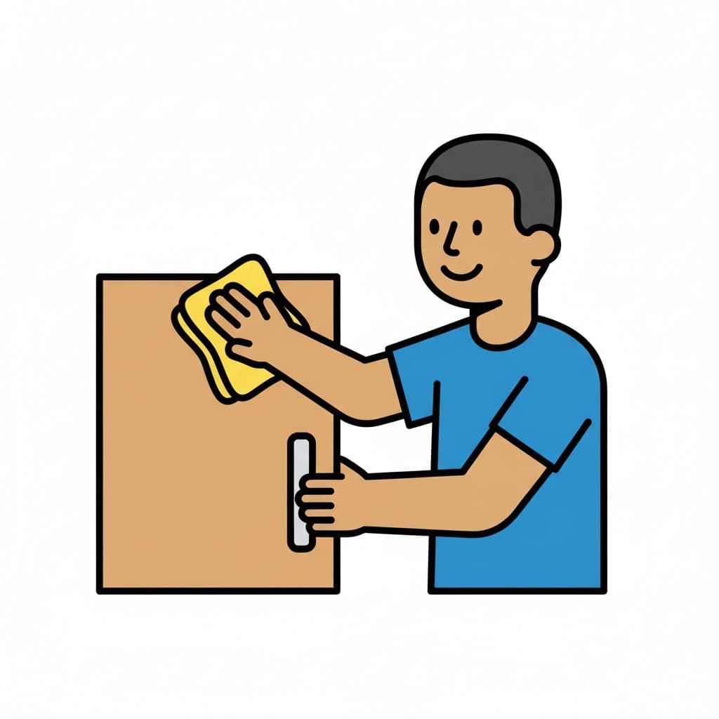 A person wiping a cabinet with a yellow cloth.