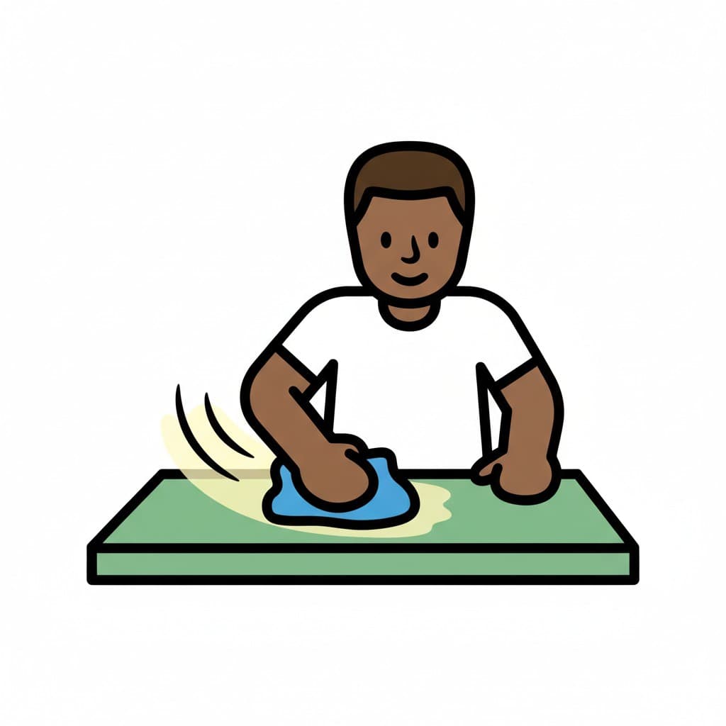 A boy in a white t-shirt is wiping a green tabletop with a blue cloth.