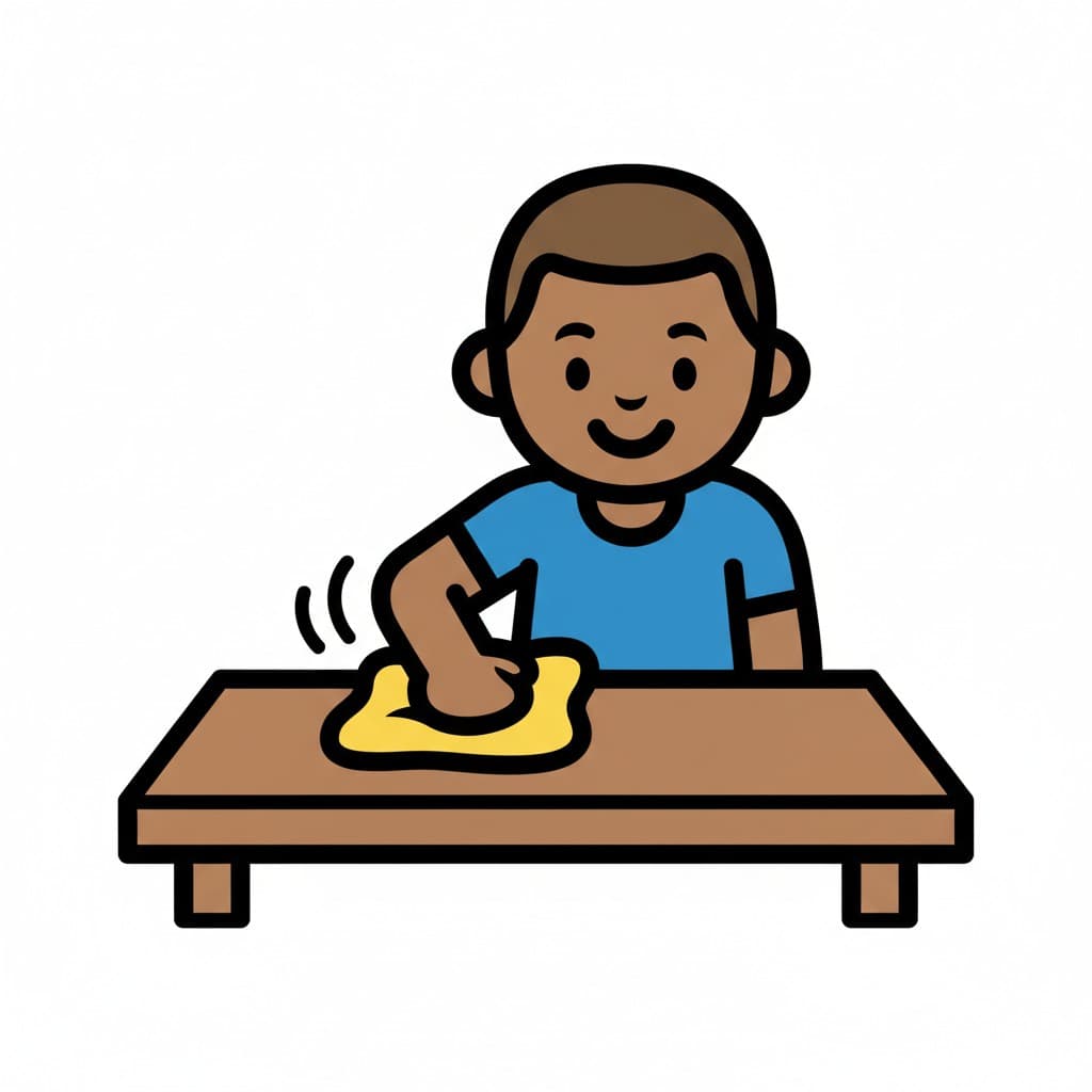 A boy wiping a table with a cloth.