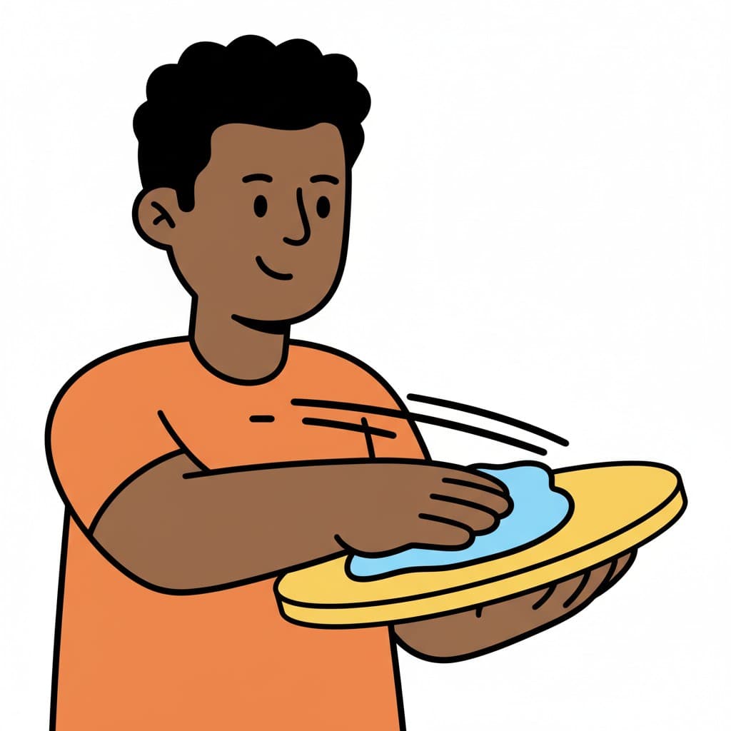 En dreng i orange t-shirt holder en gul tallerken og tørrer den ren med en blå klud.
