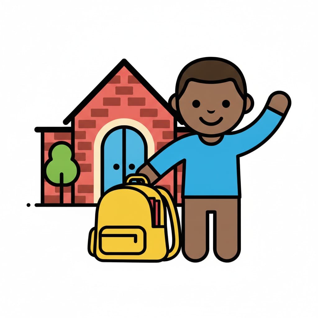 A boy waves next to a yellow backpack in front of a school building.