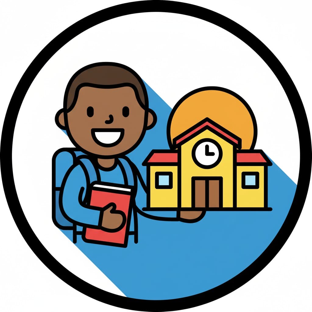 Inside a round icon, a smiling boy with a backpack holds a red book next to a yellow school building with a clock, and the sun shines behind the roof.