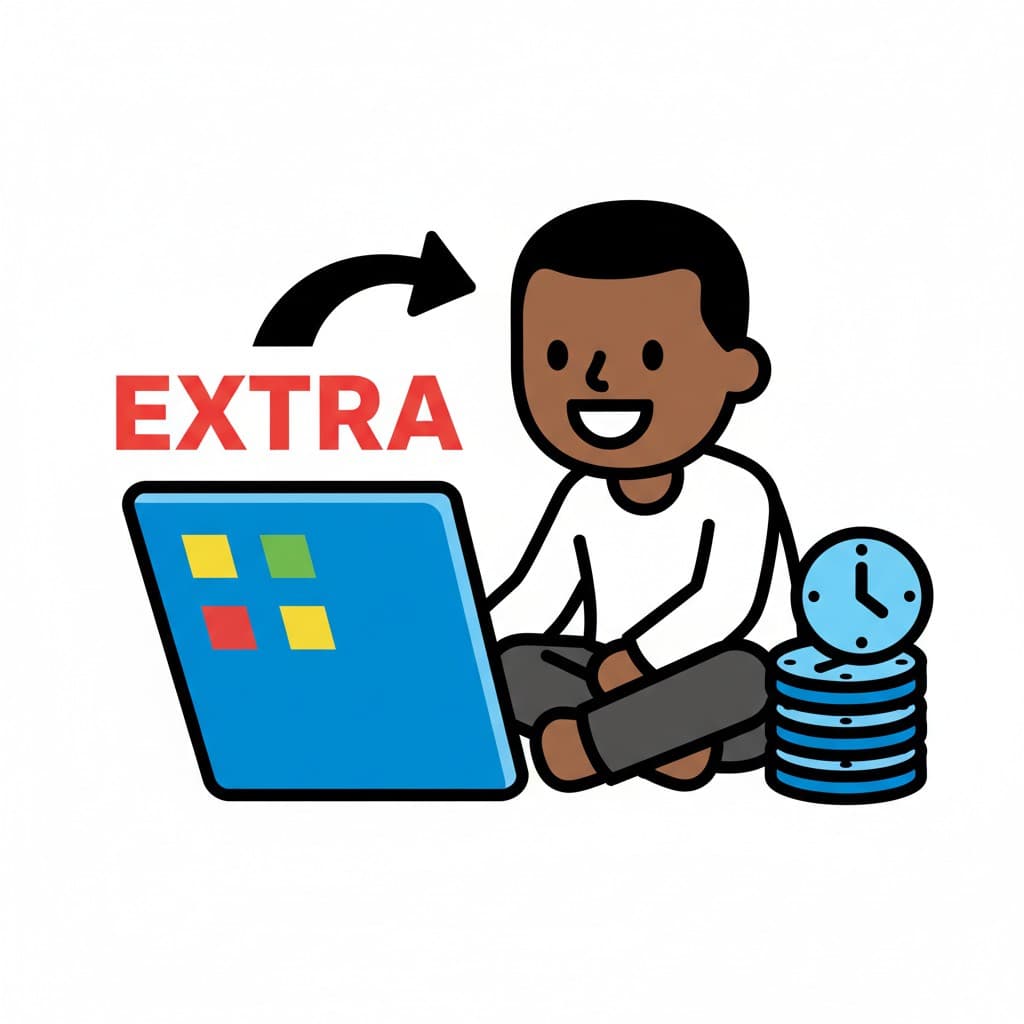 A boy sitting with a laptop and a stack of tokens with a clock, with the word 'EXTRA' and an arrow.