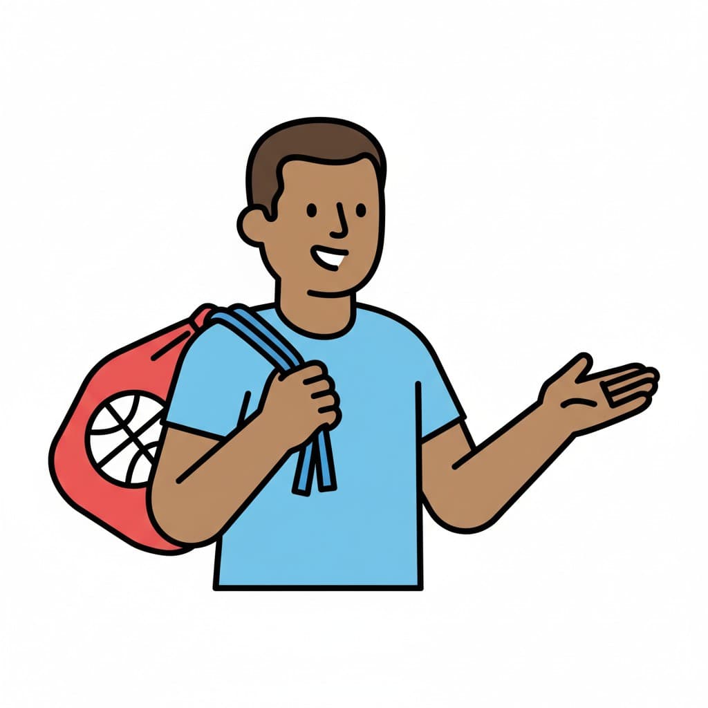 Ein Junge hält eine rote Sporttasche über der Schulter und lächelt.