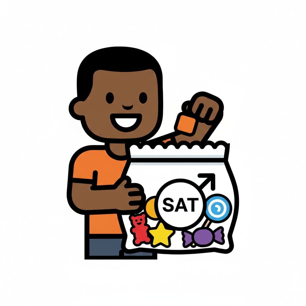 A happy boy holding a candy bag marked "SAT" and picking out candy.