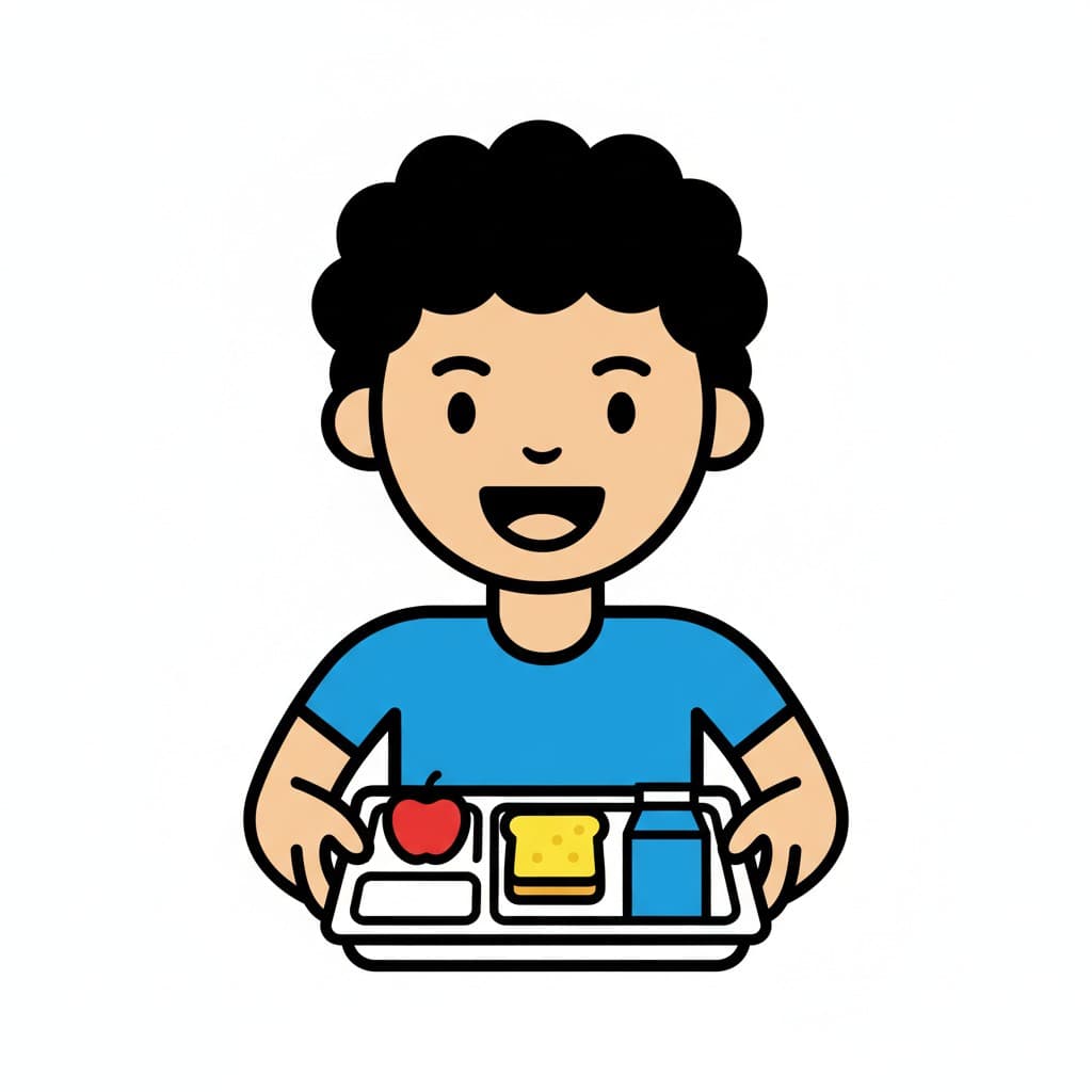 En person håller en lunchbricka med ett äpple, en bit mat och en mjölkkartong.