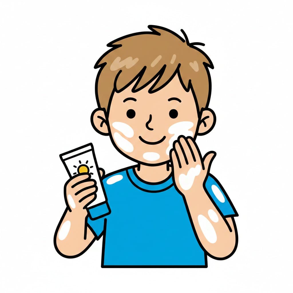 A boy with white sunscreen visible on his face and arms, holding a tube of sunscreen.