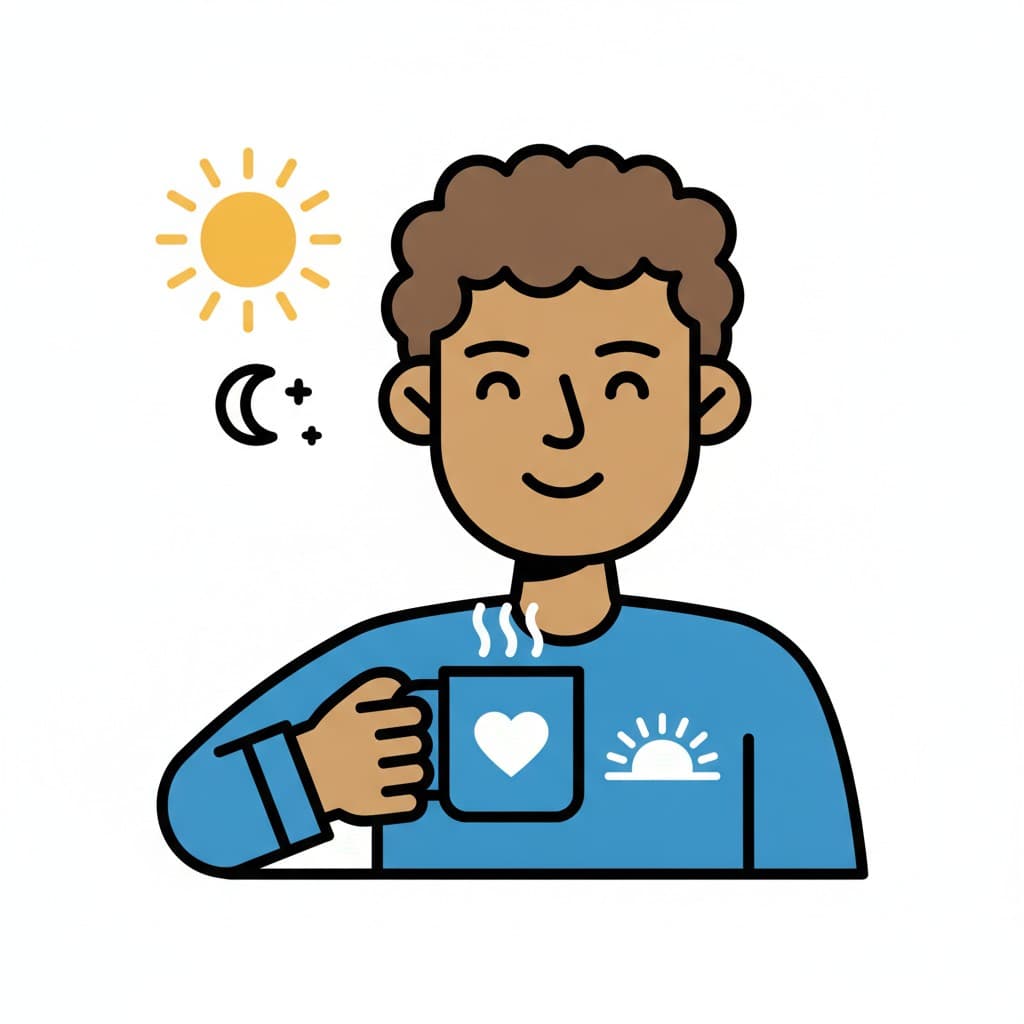 Ein Junge hält eine warme Tasse und lächelt, neben ihm Sonne und Mond.