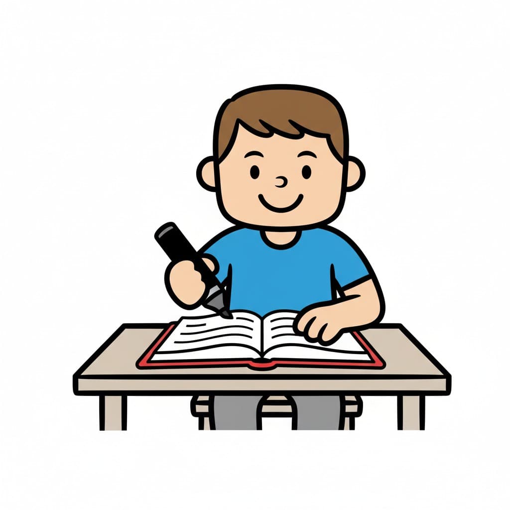 En tecknad pojke sitter vid ett bord och skriver i en öppen dagbok med en penna.