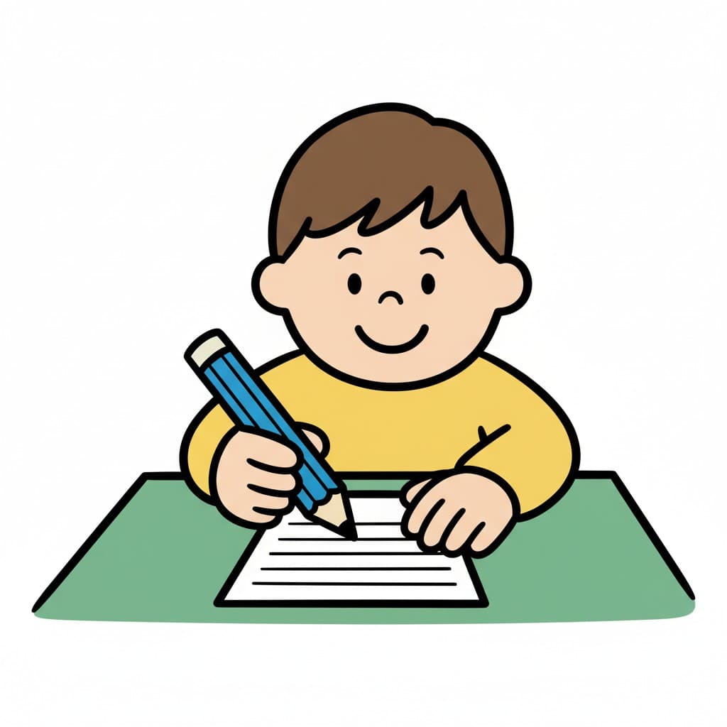 En tecknad bild av en glad pojke som sitter vid ett bord och skriver på ett papper med en blå penna.