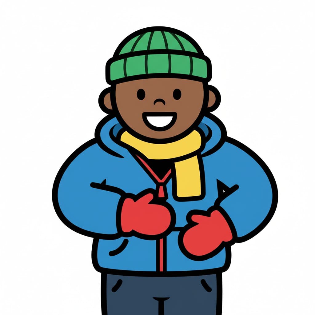 En pojke klär på sig en grön mössa, gul halsduk, röda vantar och en blå jacka. Han drar upp dragkedjan på jackan.