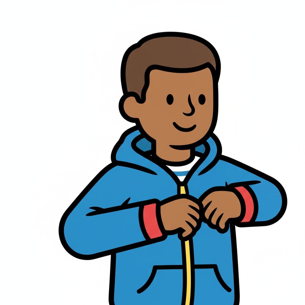 A person zipping up a blue hooded jacket.