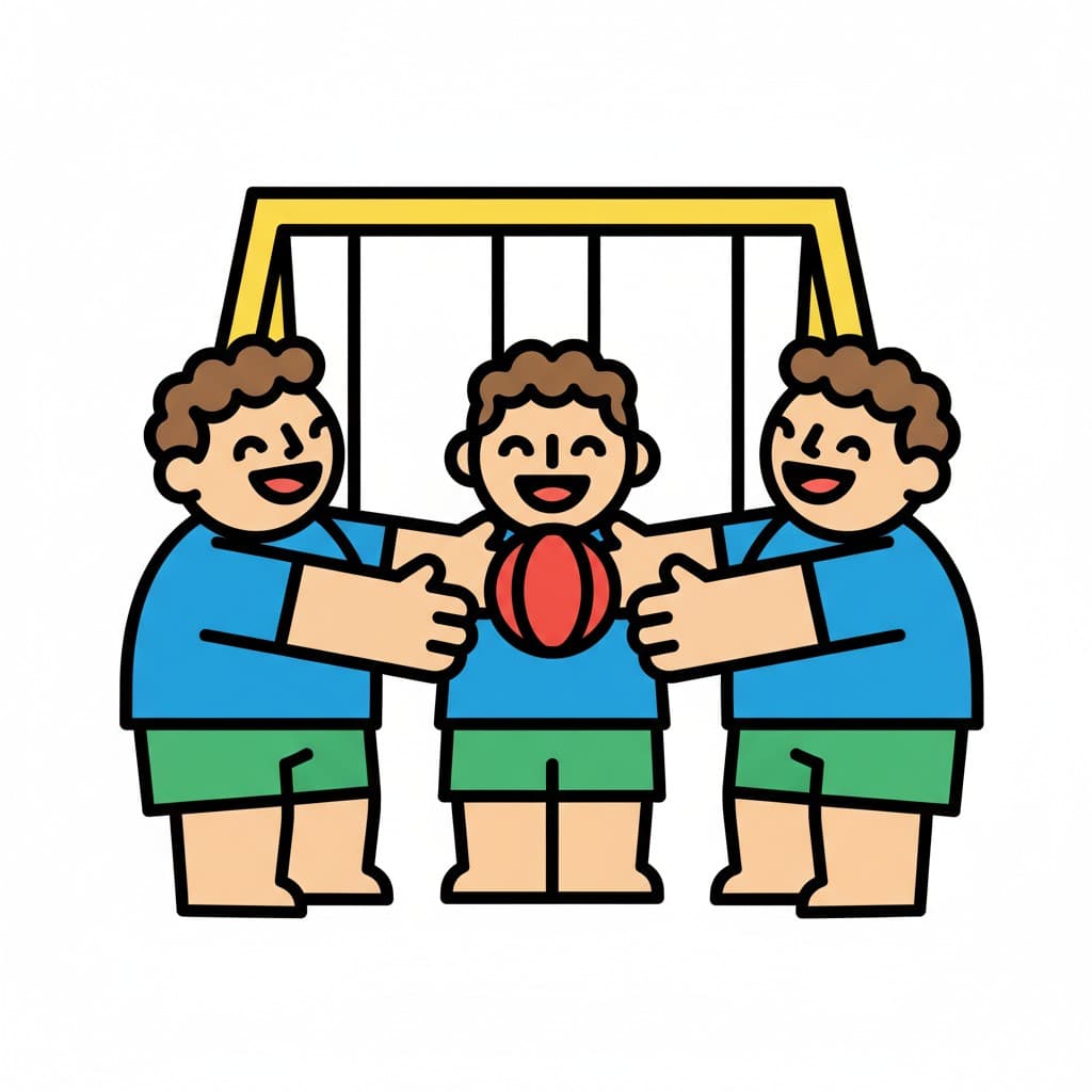 Three boys play with a ball in front of a goal, laughing.