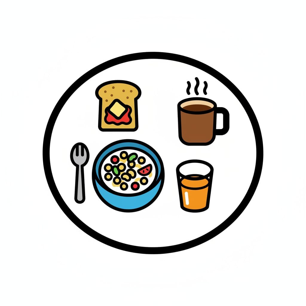 An icon with a spoon, bowl of cereal, toast with jam, a steaming mug, and a glass of juice, representing breakfast.