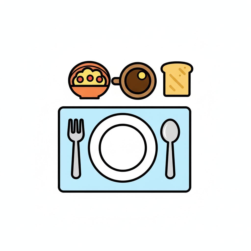 A place mat set with a plate, fork and spoon, next to cereal, coffee and a slice of bread.