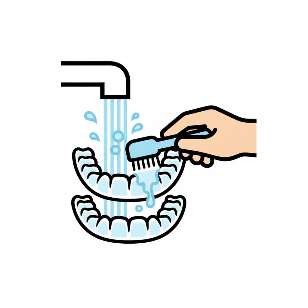 Eine Hand bürstet eine Zahnschiene unter fließendem Wasser aus dem Wasserhahn.