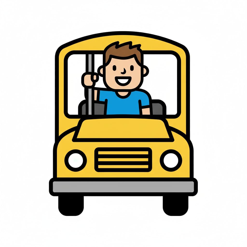 A smiling child sits at the front of a yellow bus seen from the front.