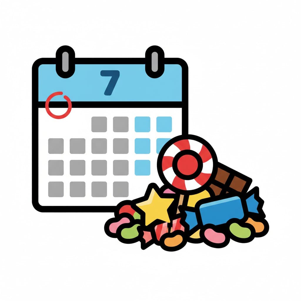 A calendar showing the seventh day marked with a red circle, next to a pile of candy.