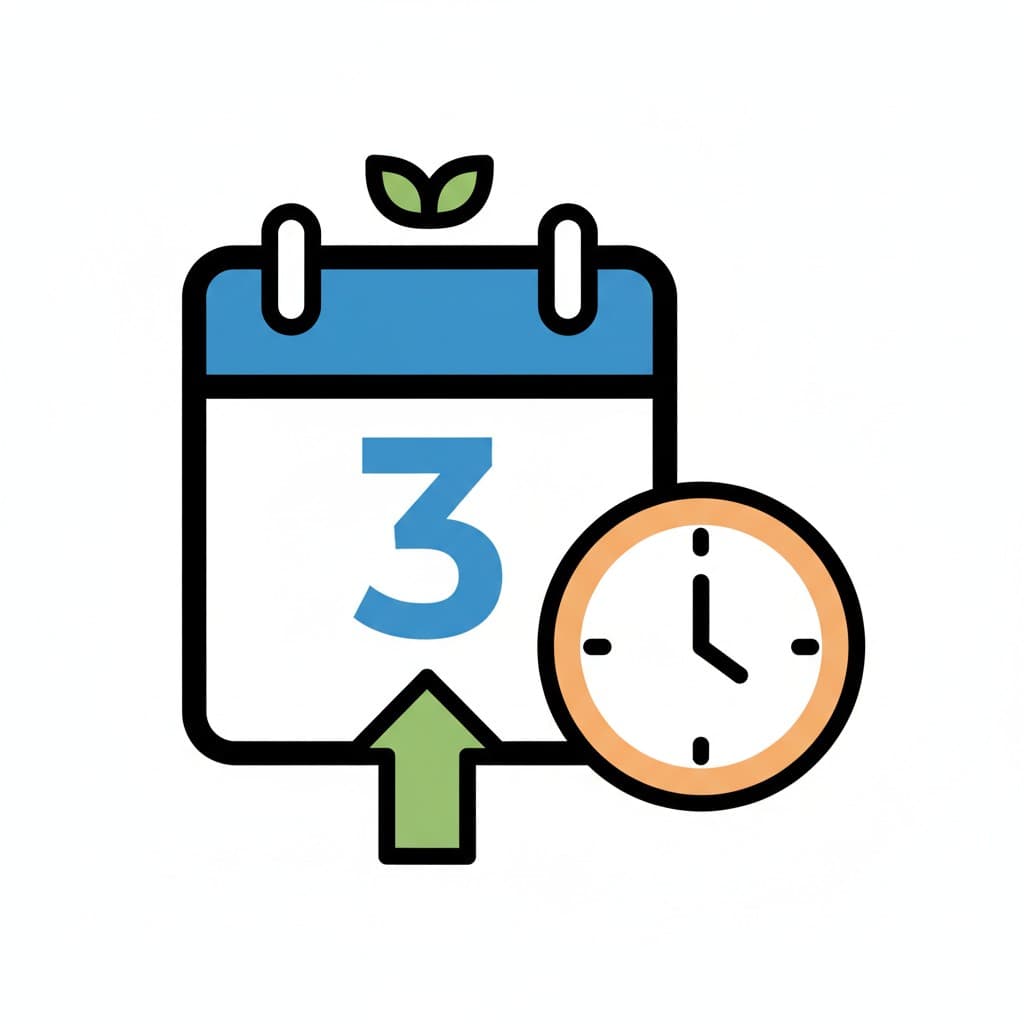 Ein Kalender mit einer blauen Drei, einem kleinen grünen Blatt obenauf und einem grünen Pfeil darunter, daneben eine Uhr mit orangefarbenem Rand.
