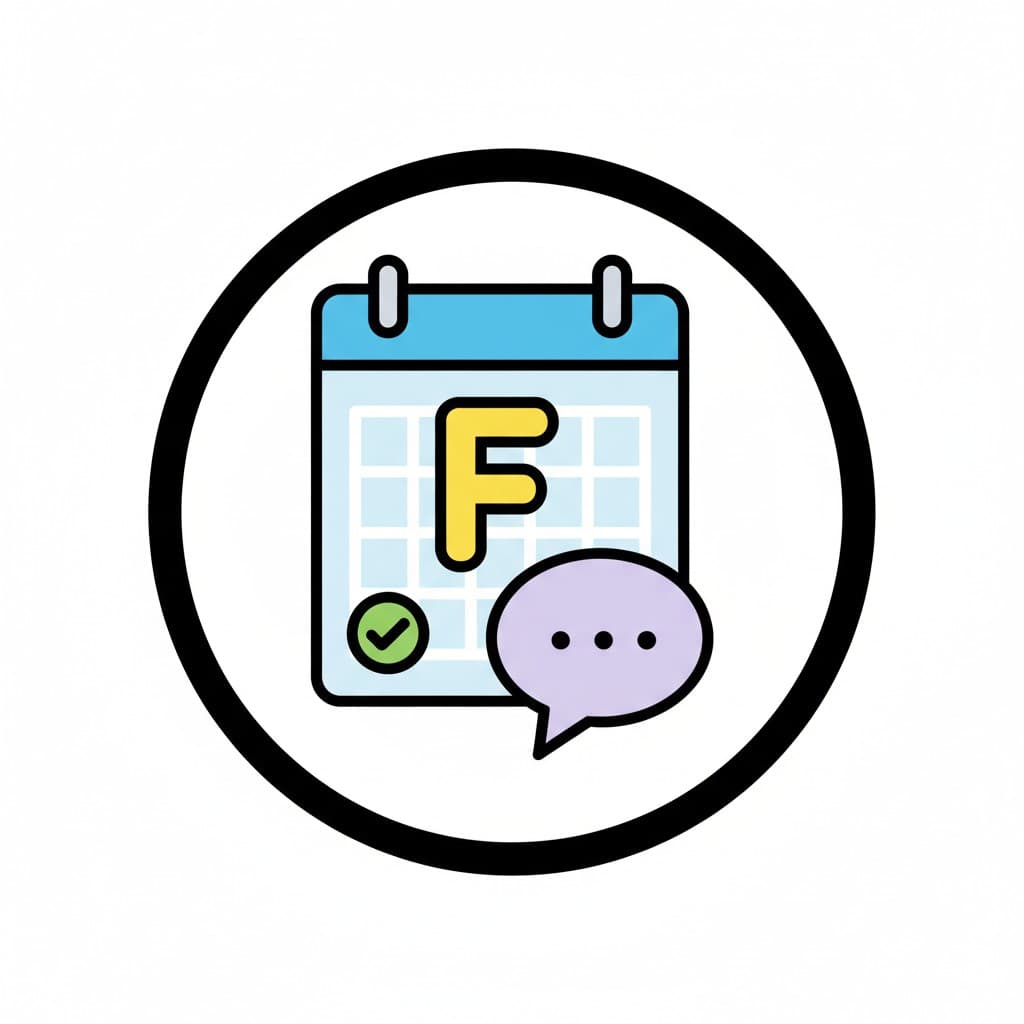 A round icon showing a calendar with the letter F, a green checkmark and a purple speech bubble.