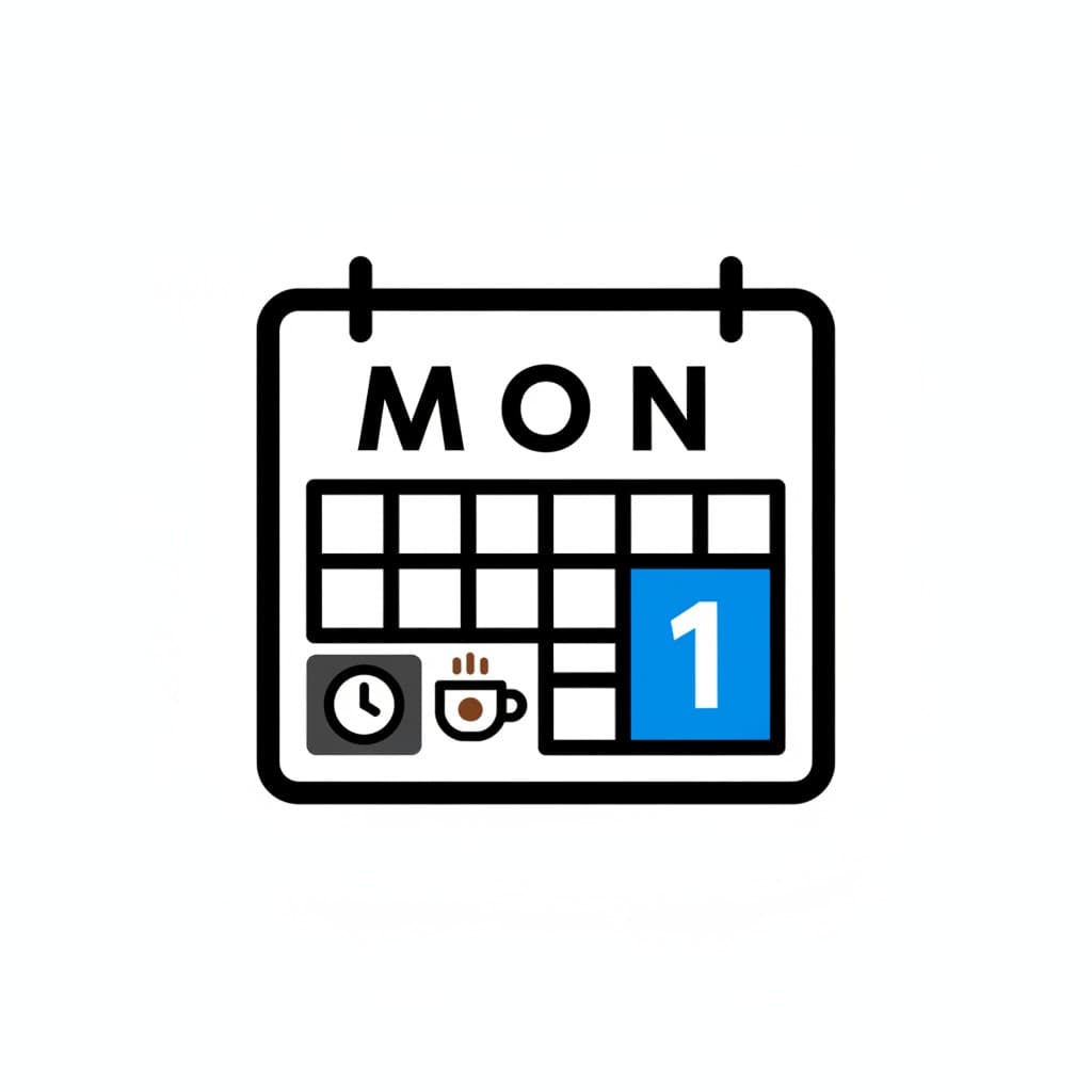 A calendar showing MON with a clock and a coffee cup and a blue square with the number 1.