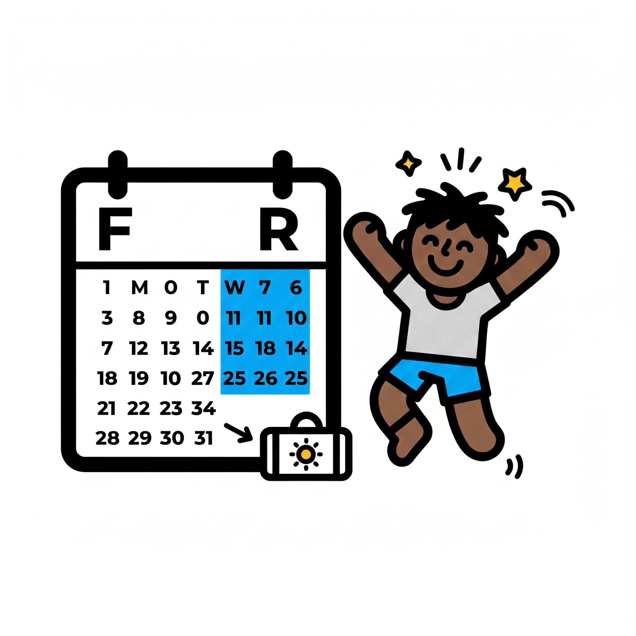 Next to a calendar with the last weekdays highlighted in blue, a boy in blue shorts leaps for joy surrounded by stars.