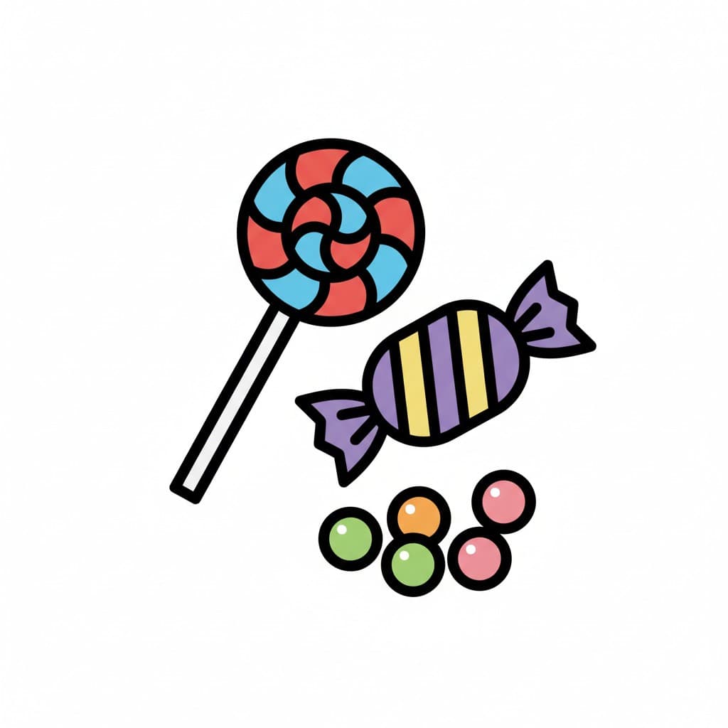 An illustration showing a colorful swirl lollipop, a wrapped striped candy, and a pile of small round candies in various colors.