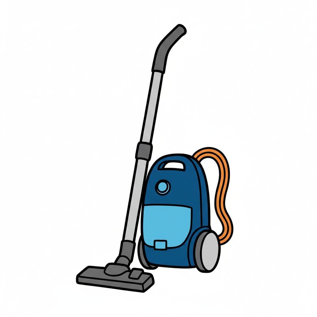 A blue and light blue canister vacuum cleaner with a grey hose, a nozzle, and an orange power cord.