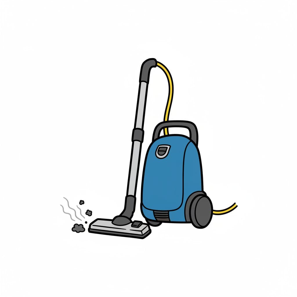 An illustration of a blue canister vacuum cleaner with wheels and a yellow hose, shown vacuuming up dirt and debris.