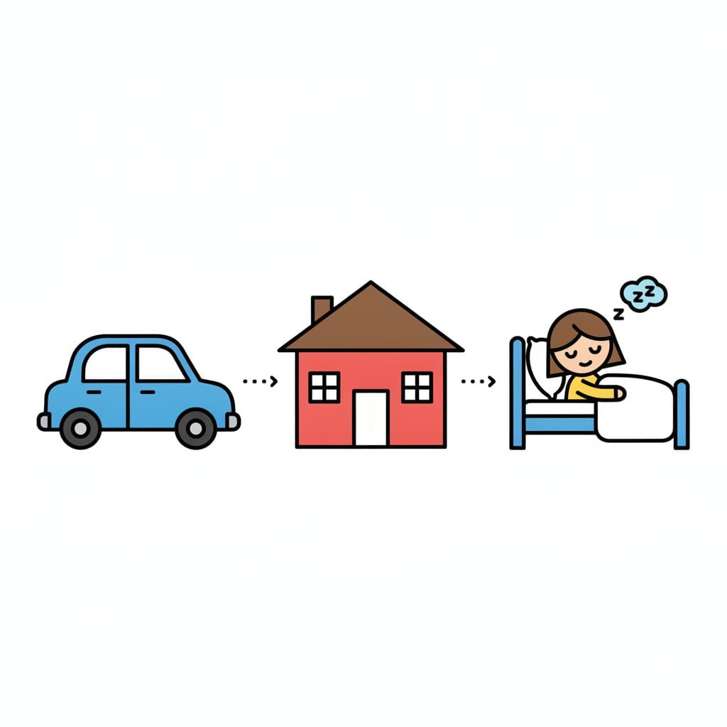 En sekvens: en bil, ett hus och ett barn som sover i sängen.