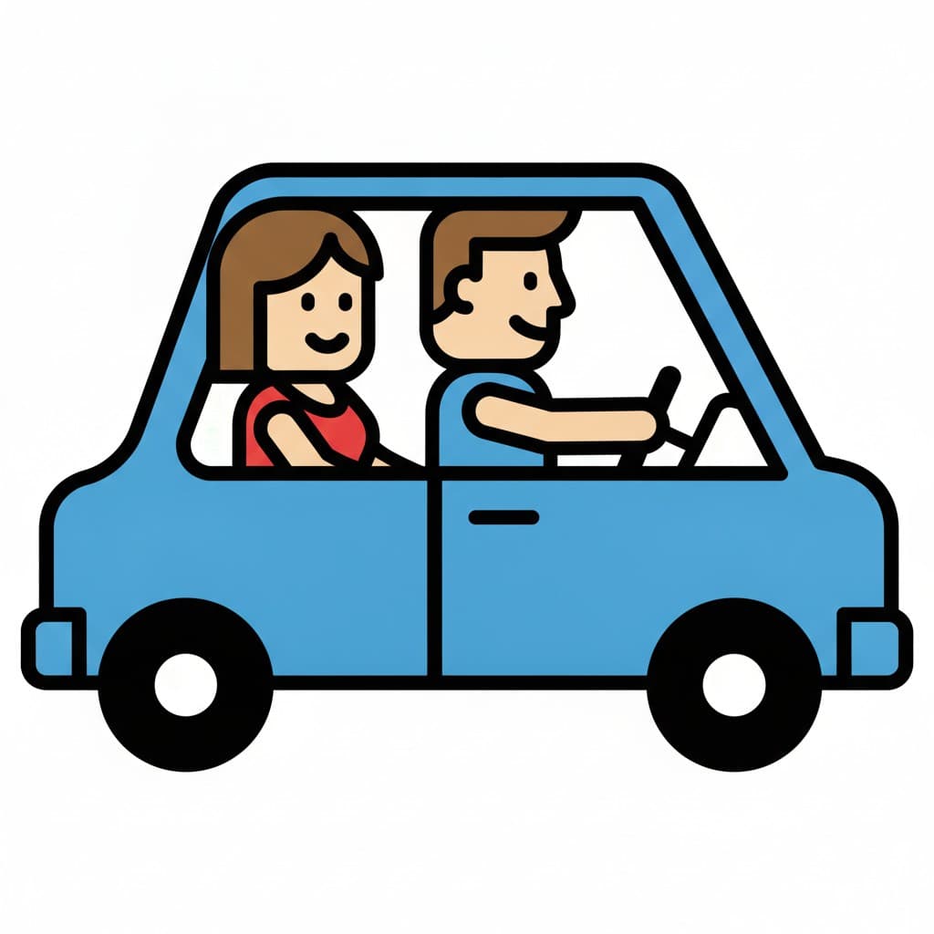 Ein blaues Auto von der Seite, mit einer Person am Steuer und einem Fahrgast auf dem Rücksitz.