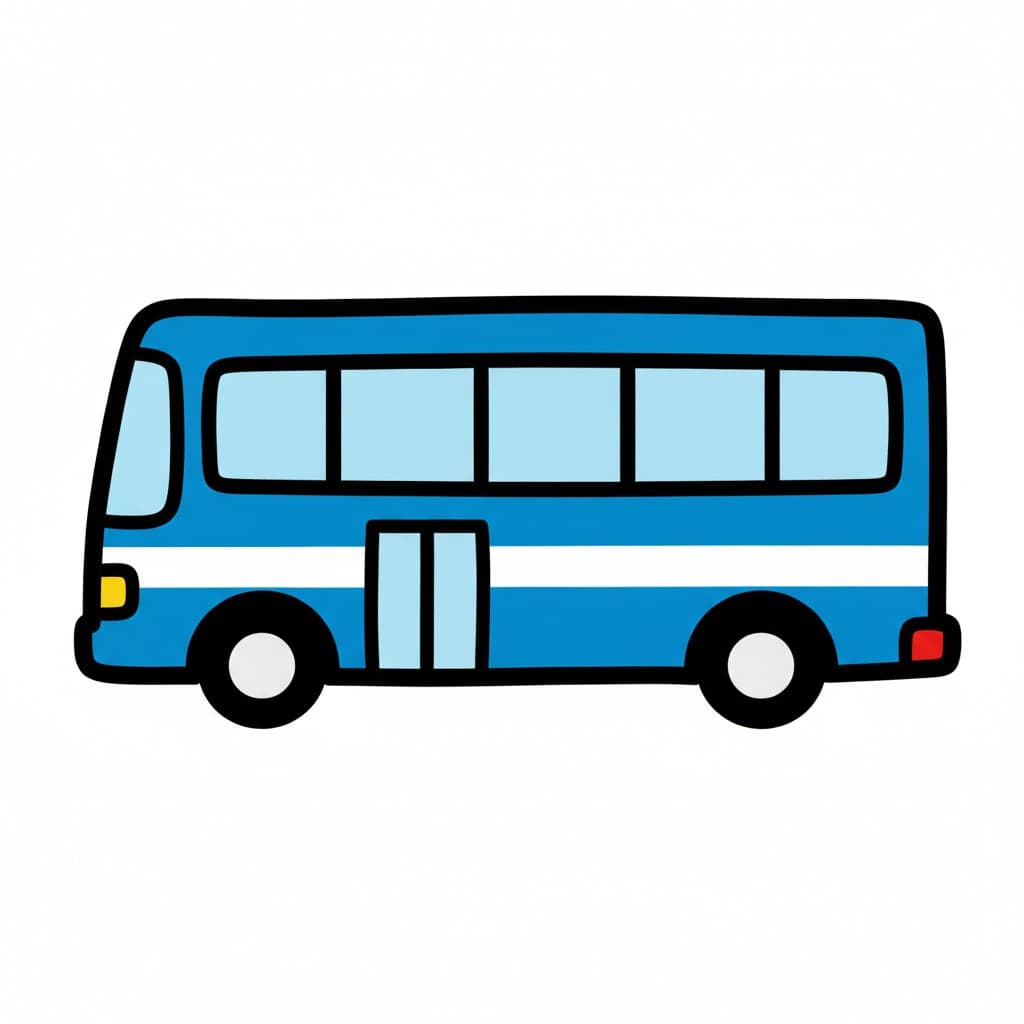 En tegneserieillustration af en blå bus med hvide striber og sorte vinduer.