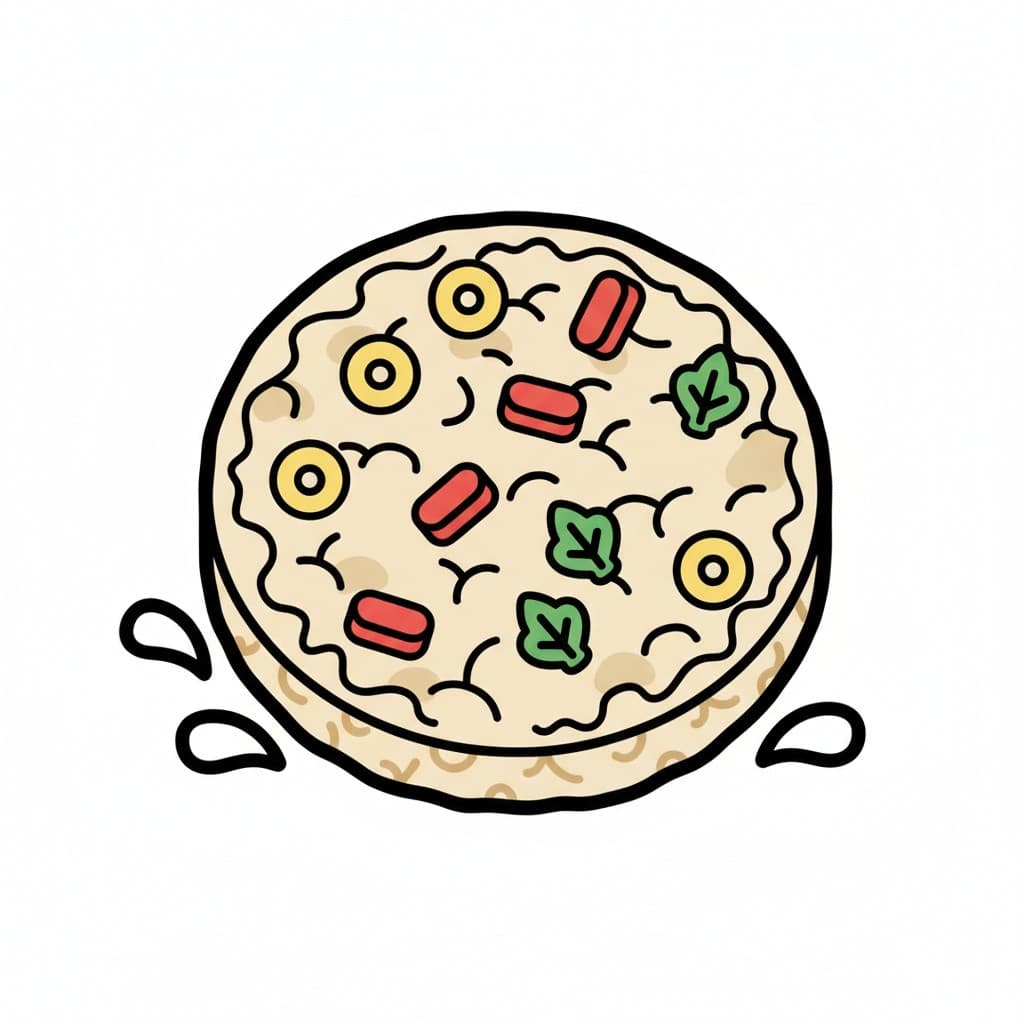 En rund riskaka toppad med röda rektangulära bitar, gula cirkulära bitar och gröna bladliknande former.