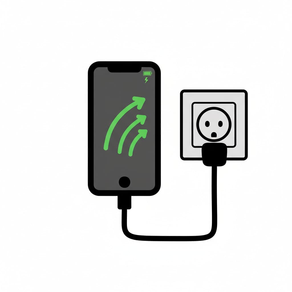 En smarttelefon er koblet til en stikkontakt og viser grønne piler som indikerer at den lader.
