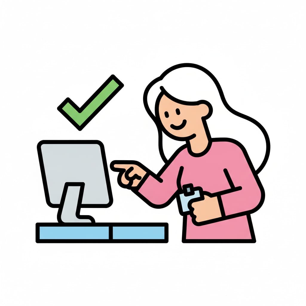 A person points at a computer screen and a green check mark appears next to it.