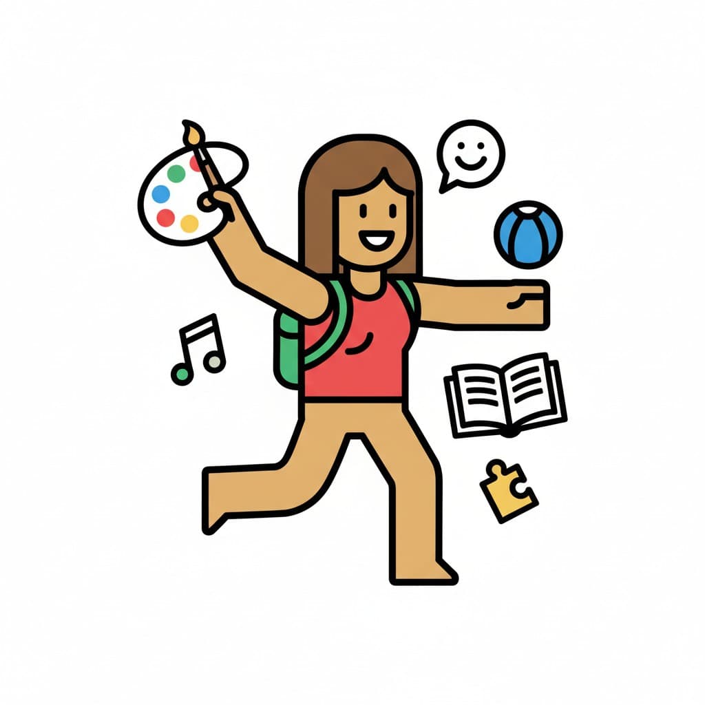 En tecknad figur med ryggsäck, som håller i en målarpalett och pensel, omgiven av ikoner som en musiknot, en glad pratbubbla, en boll, en bok och en pusselbit.