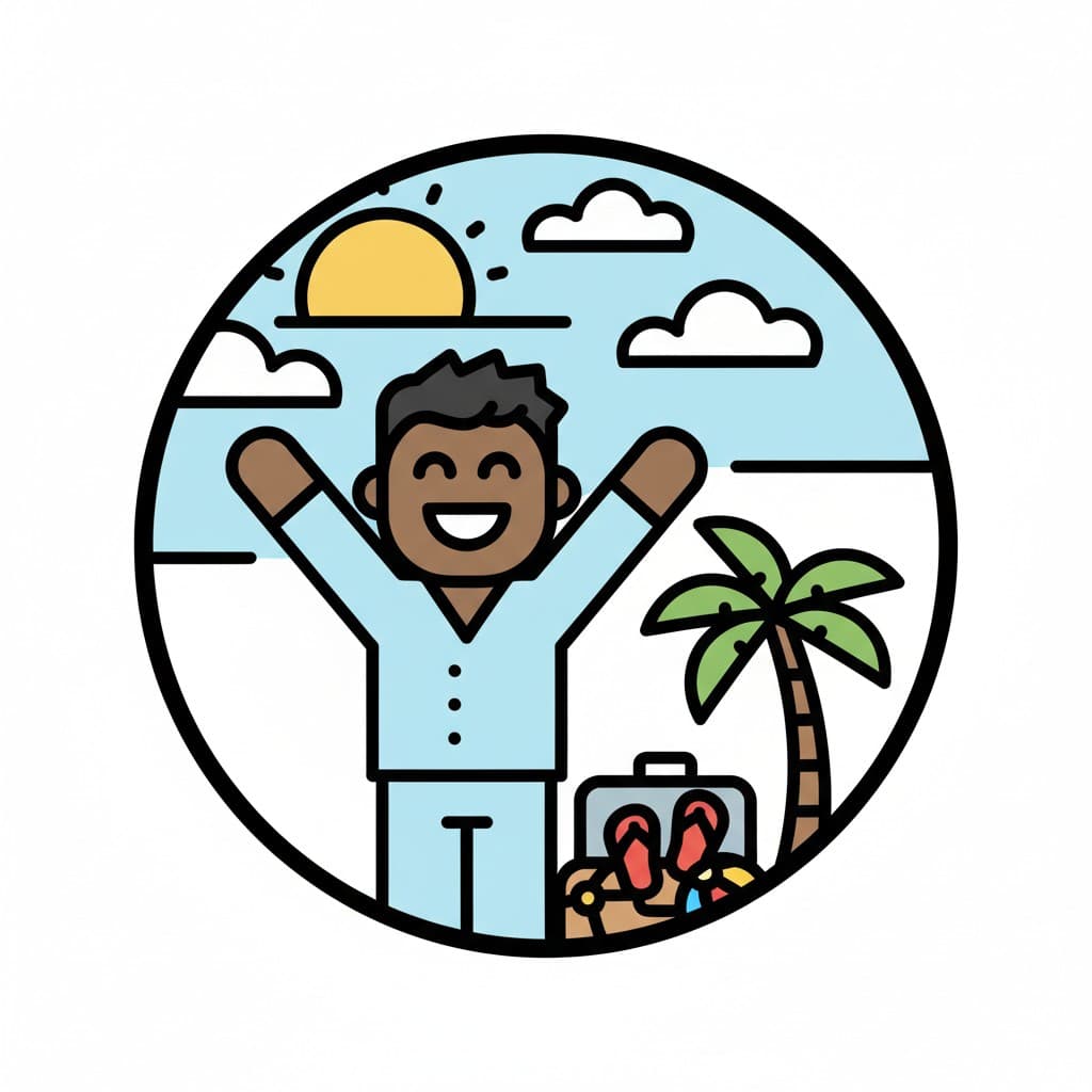 A happy child raises their arms in front of a beach with a palm tree and suitcase under a sun.