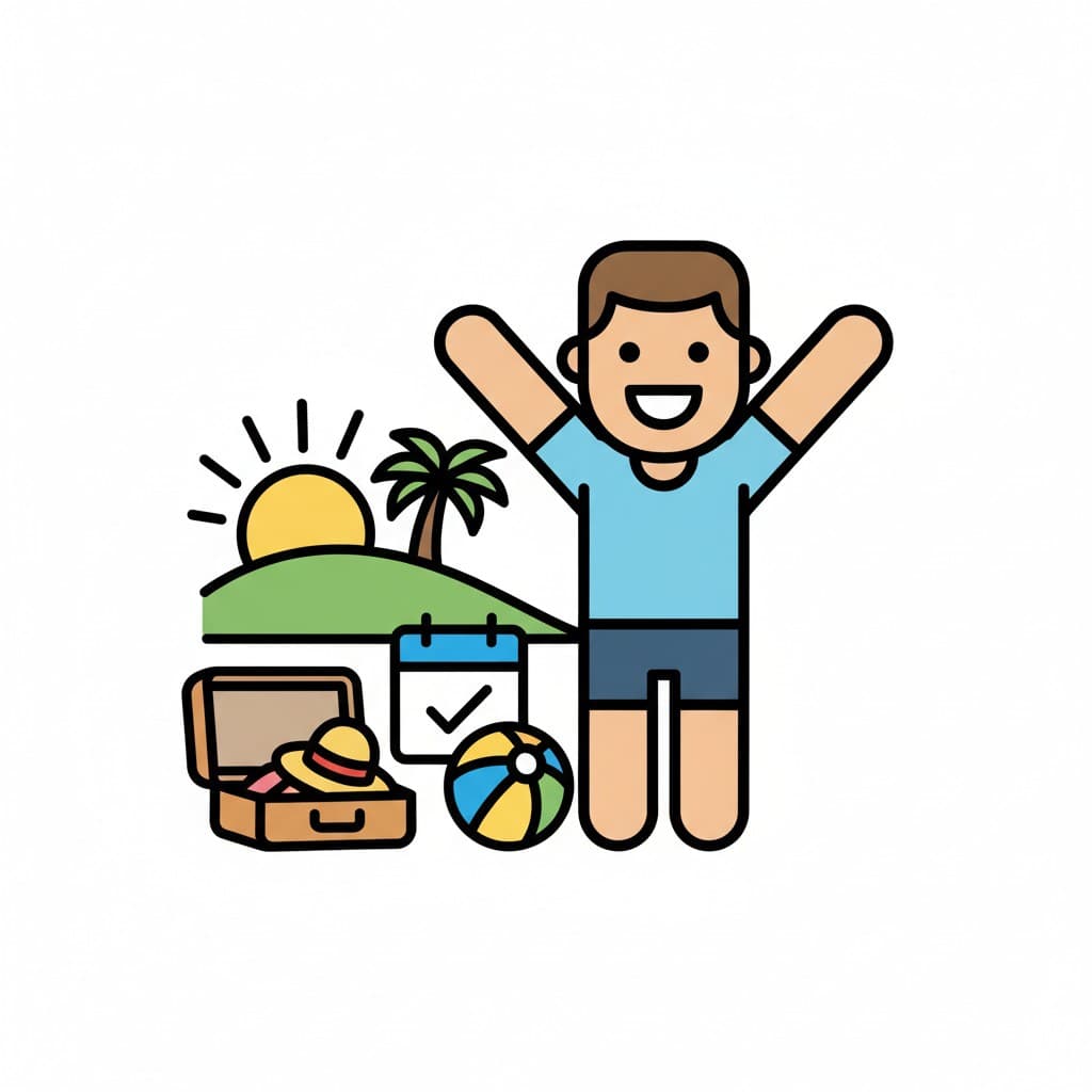 Ett glatt barn lyfter armarna framför en strandscen med palm, sol, kalender, boll och resväska.