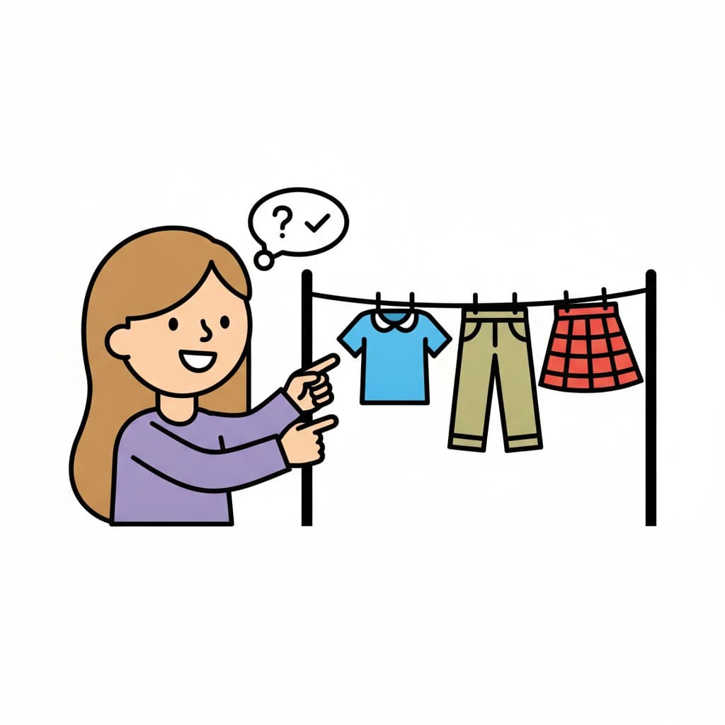 A child points to clothes hanging on a line, with a thought bubble and check mark.