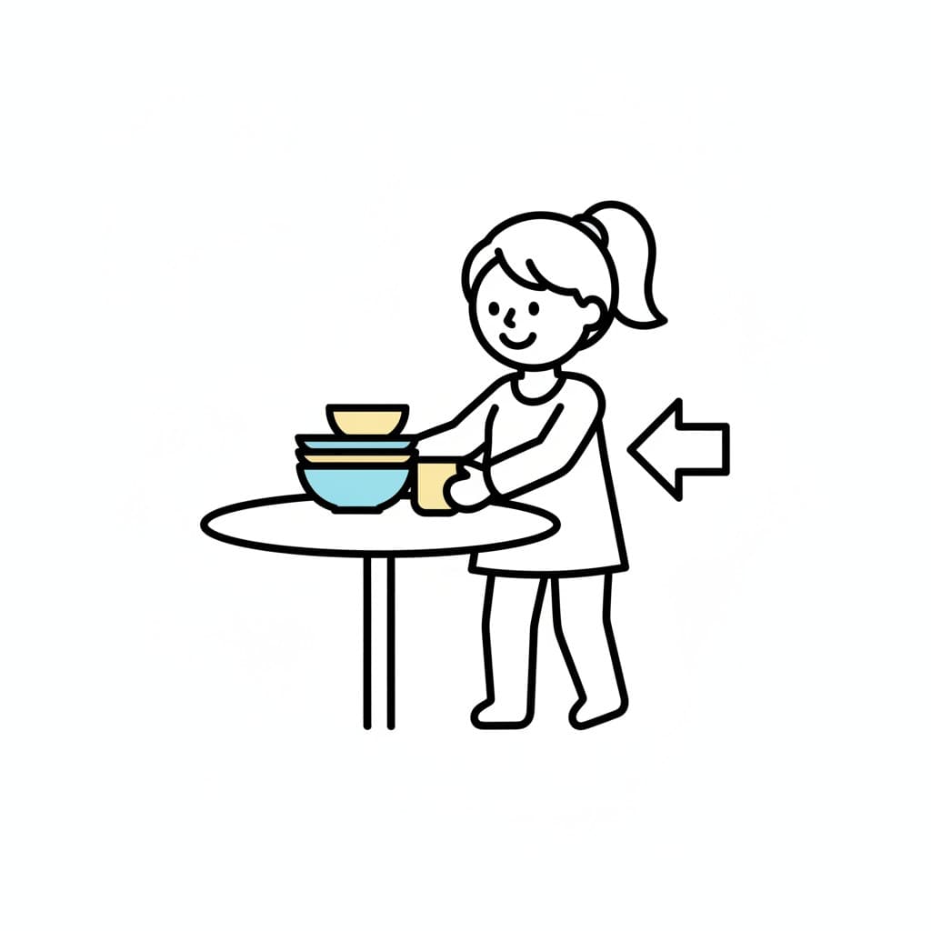 A child clears bowls from a table, with an arrow showing the direction.